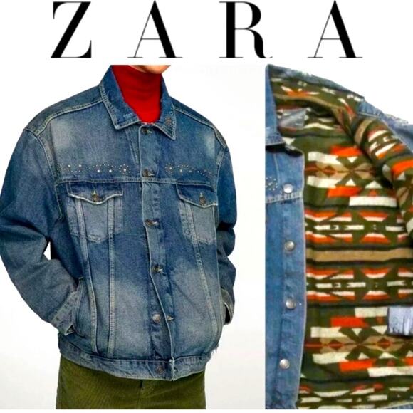 Zara Other - ZARA MAN Western Studded Aztec Flannel Lined Denim Trucker Jacket NWT Size Large
